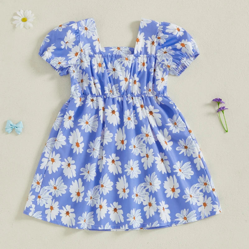 Girls Sleeveless Floral Print Square Neck Bow Summer Dress Kids Casual Clothes