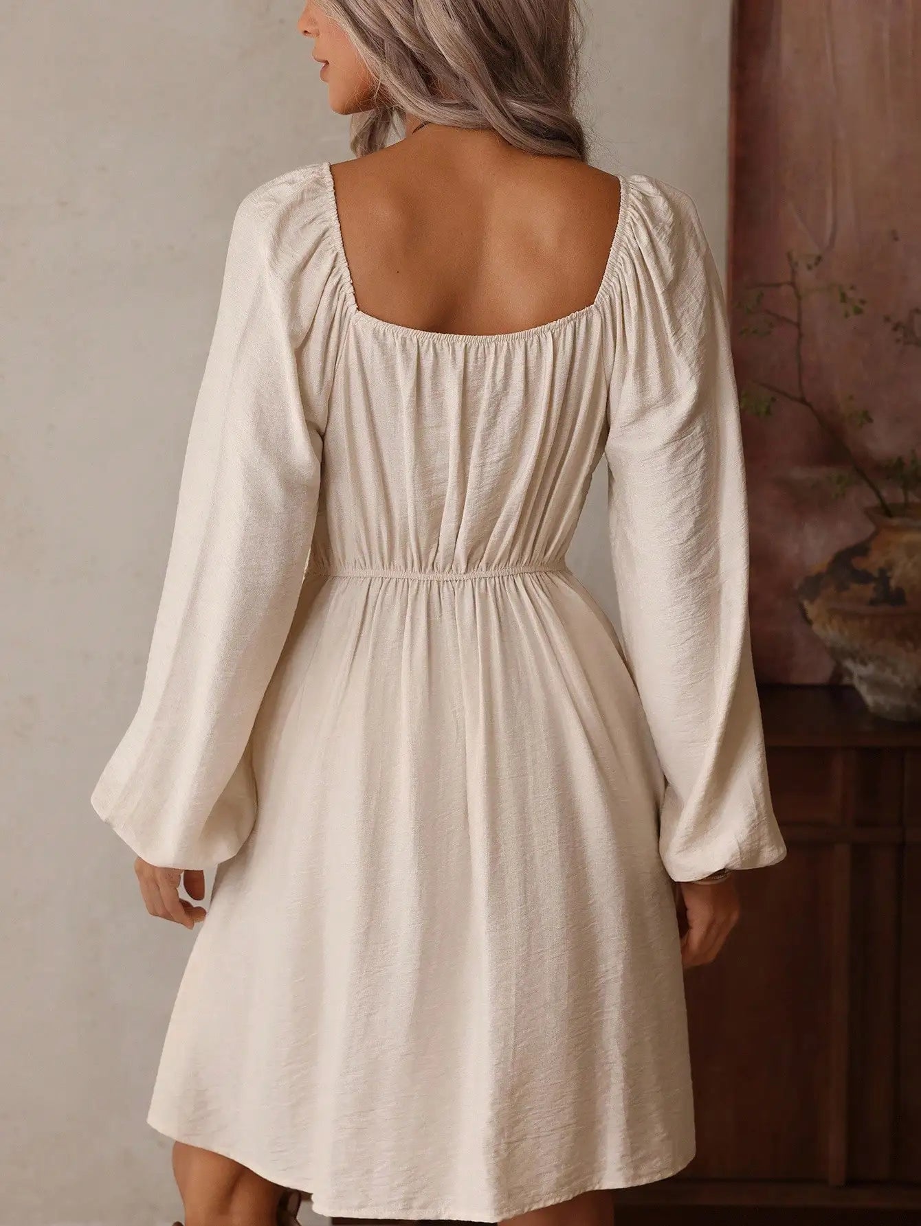 Women's Vintage Apricot Fashionable V-Neck Hollow Crochet Patchwork Long Sleeve