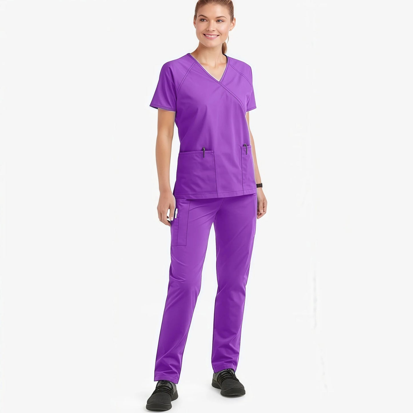 Women's Nurse Scrub Set V-Neck Short Sleeve Multi-Color Zipper Pocket Long Pants Medical Uniform Cozy Professional Workwear