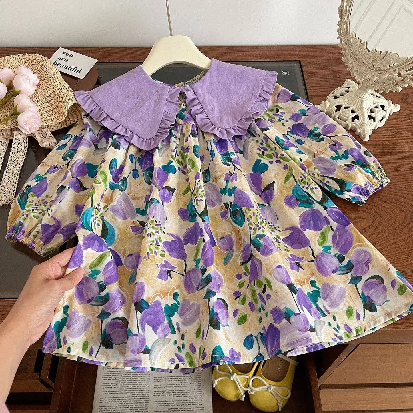 Girls Casual Dresses Purple Flower Print Lace Lapel Puff Sleeves