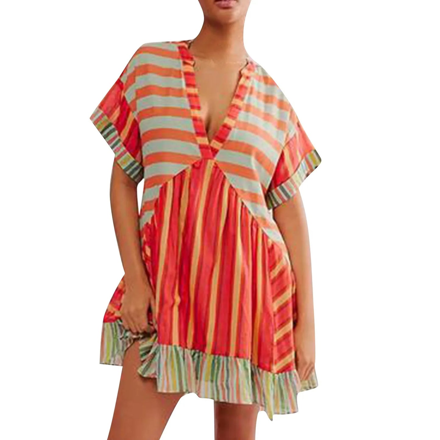 Women Boho Beach Mini Dress 2024 Summer V Neck Short Sleeve