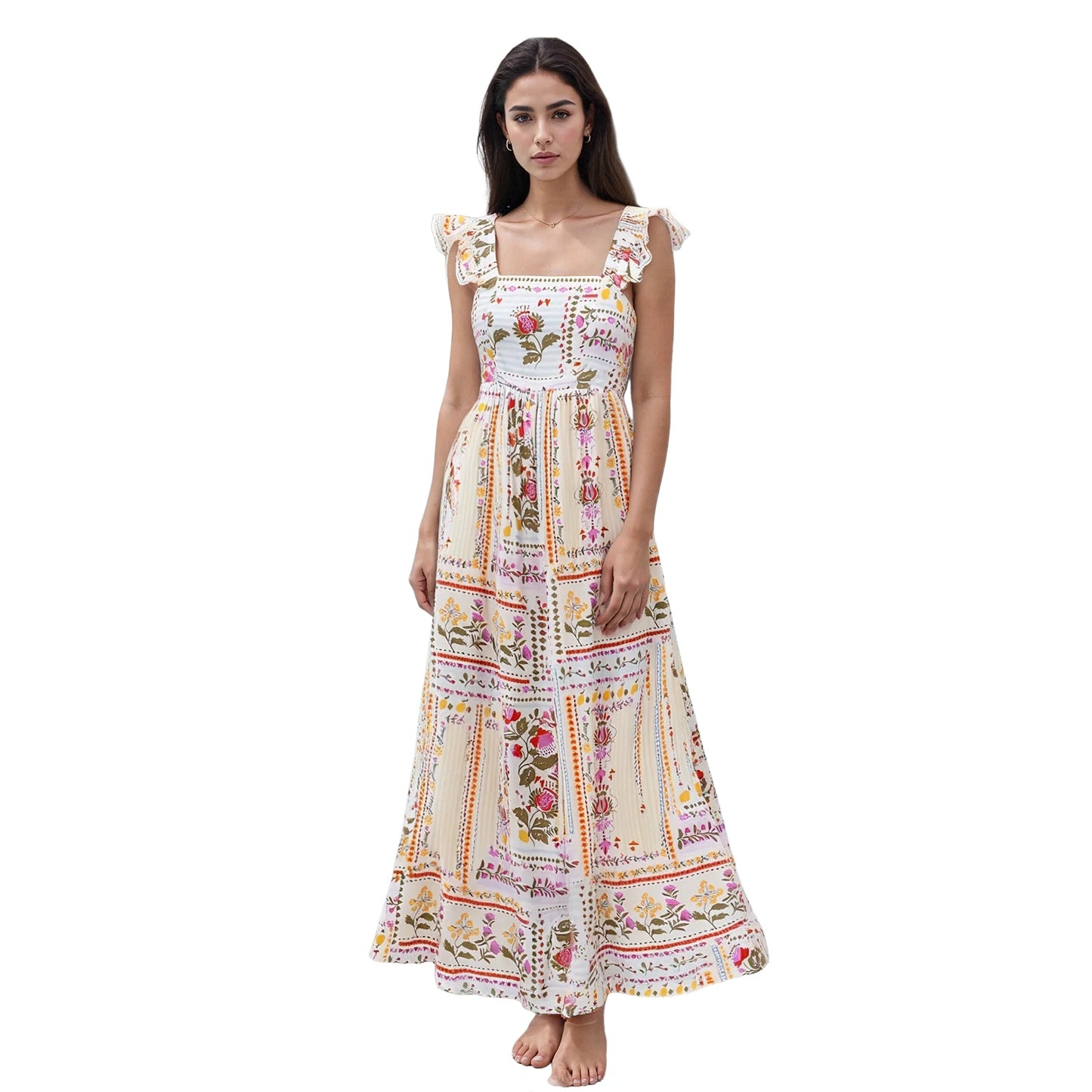 Elegant Vintage Style Sleeveless Floral Print Square Neck Midi Dress with Adjustable Straps