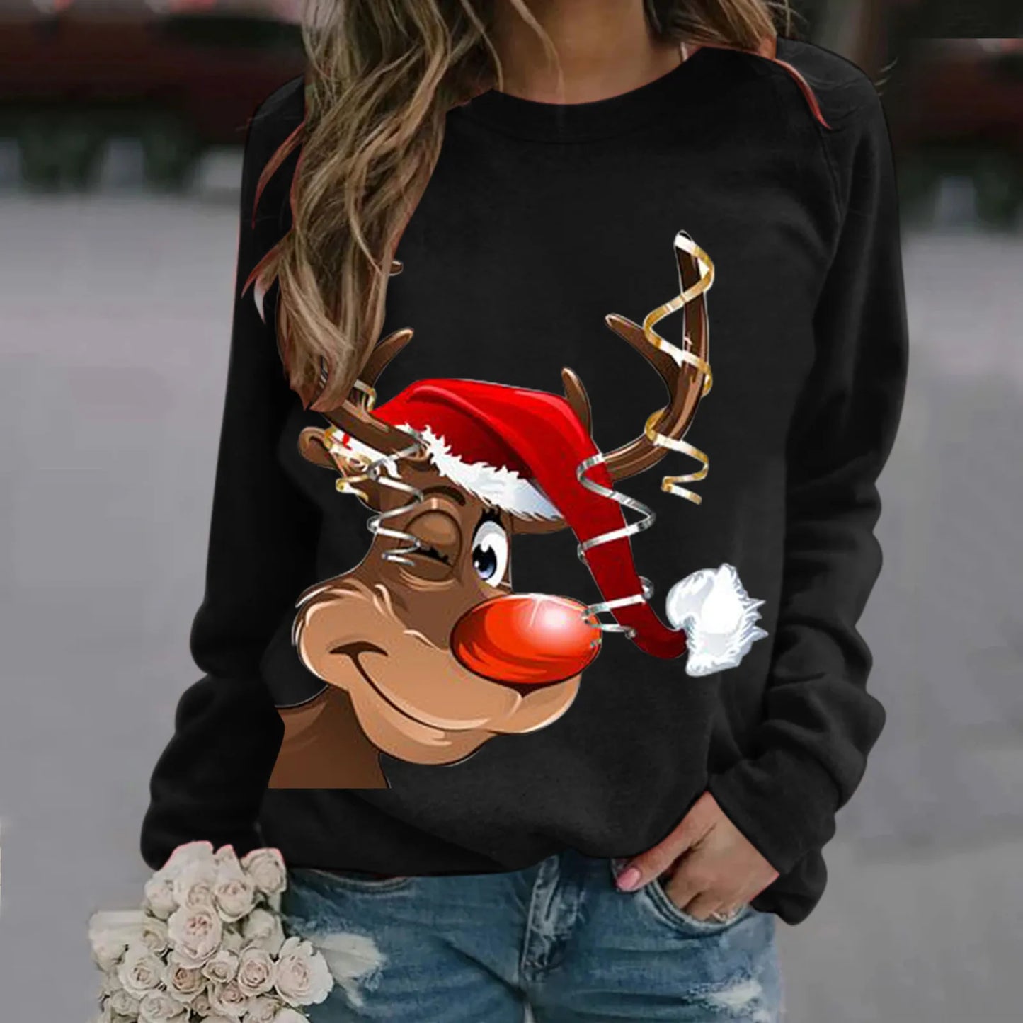 Printed Cute Reindeer Women's Sweatshirts Top Long Sleeve