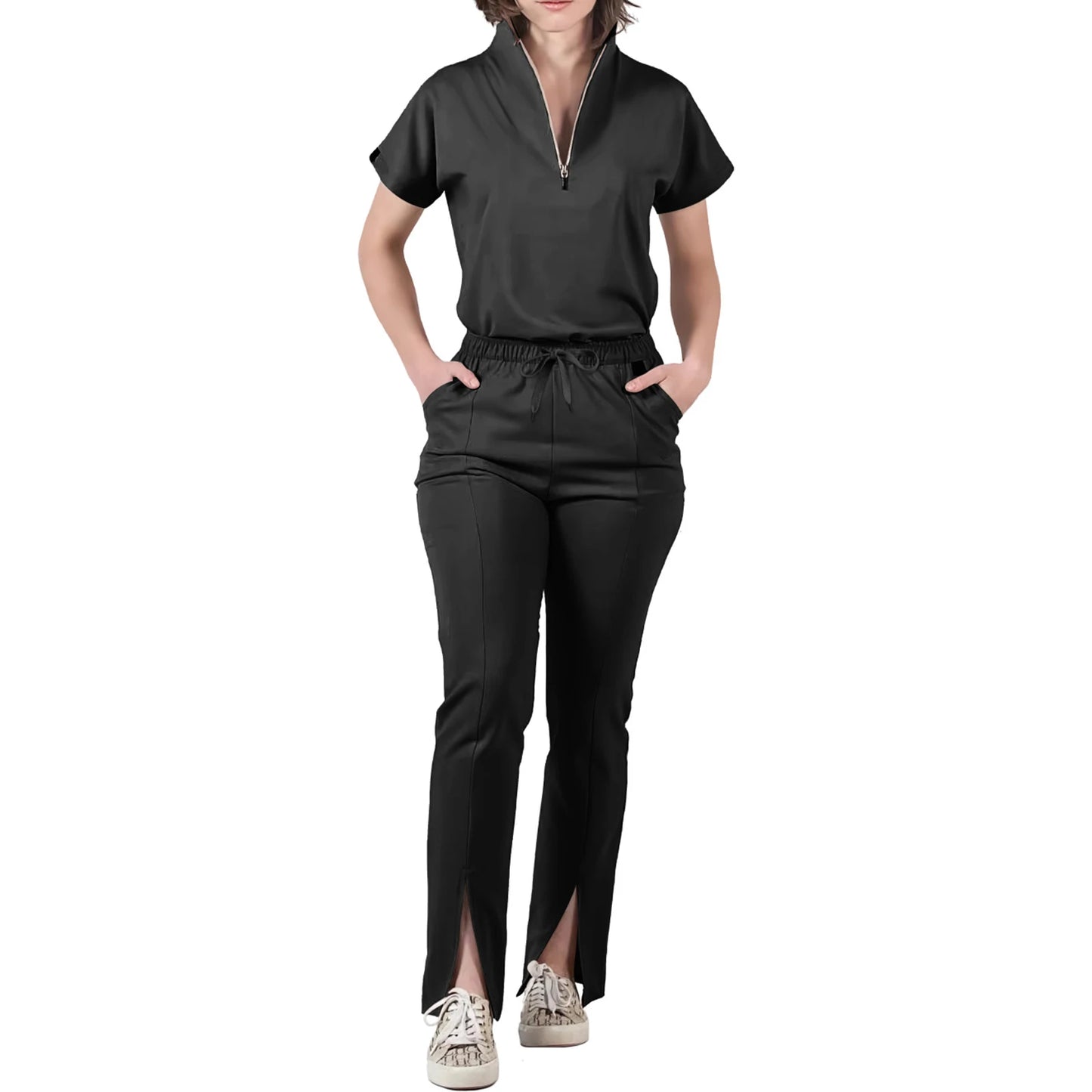 Women's Nurse Scrub Set V-Neck Half Zipper Short Sleeve Multi-Color Split Hem Pants Multi-Pocket