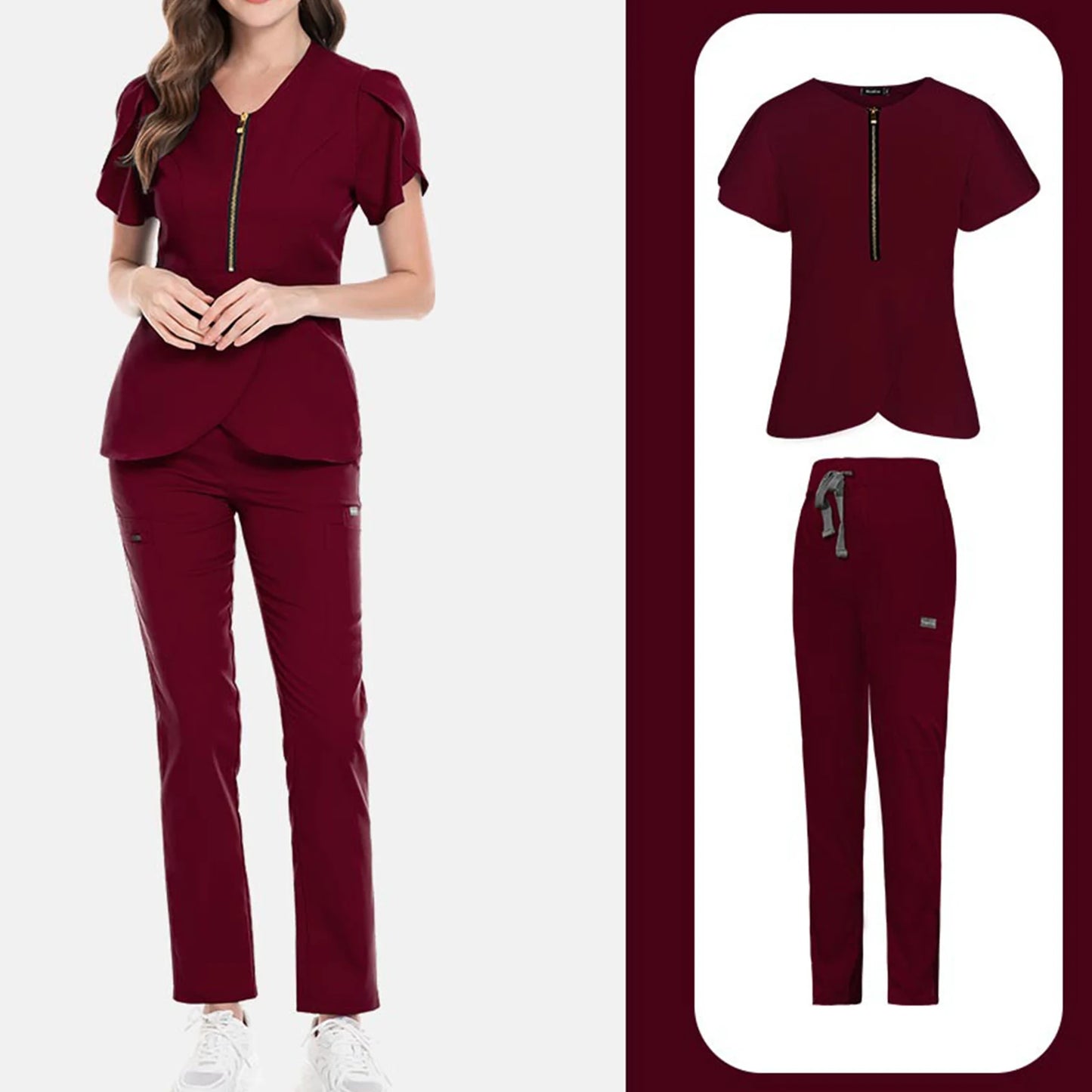 Women's Nurse Scrub Set V-Neck Short Sleeve Zipper Ruffle Sleeve Multi-Color Long Pants