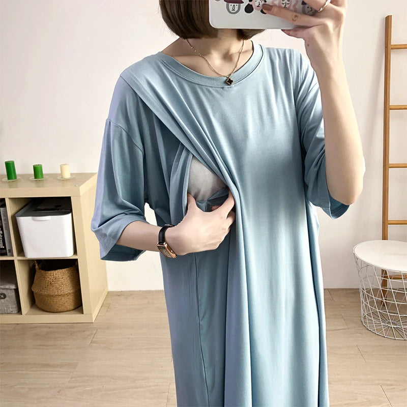 Maternity Pajamas Breastfeeding Nightgowns Summer Short Sleeve Sleepwear Nightie