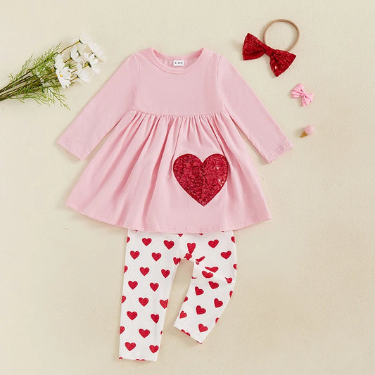 Cute Baby Girl Autumn Ensemble Glitter Heart Print Dress Cozy Pants
