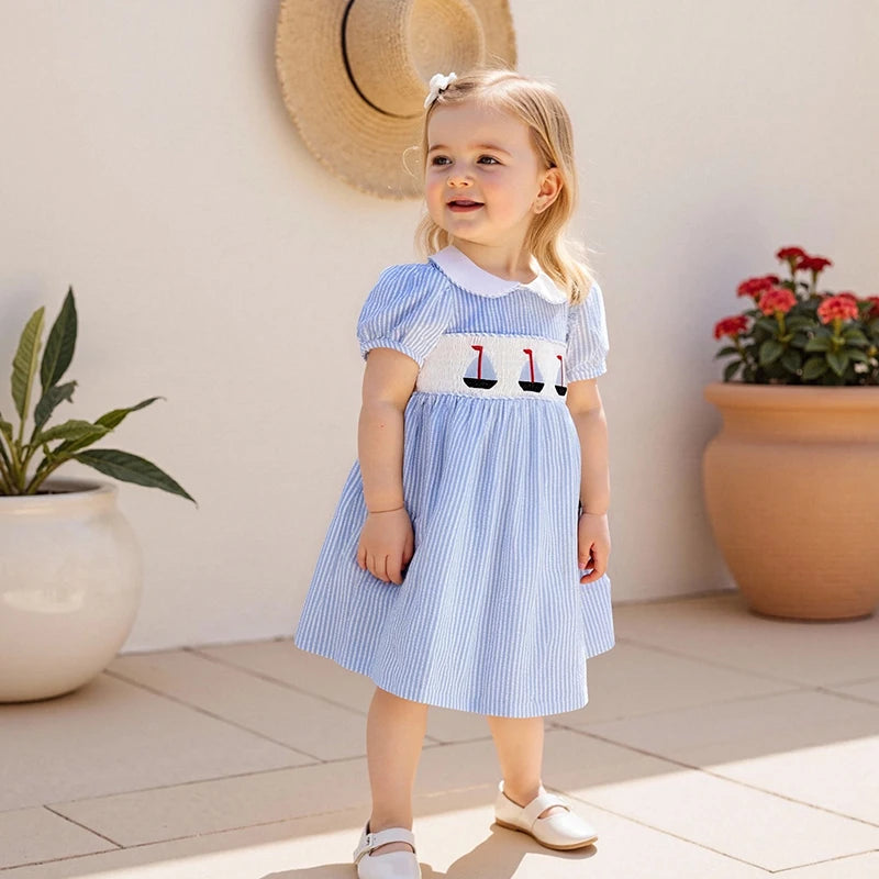 Child Girl Summer Striped A-Line Dress with Doll Collar Short Sleeves