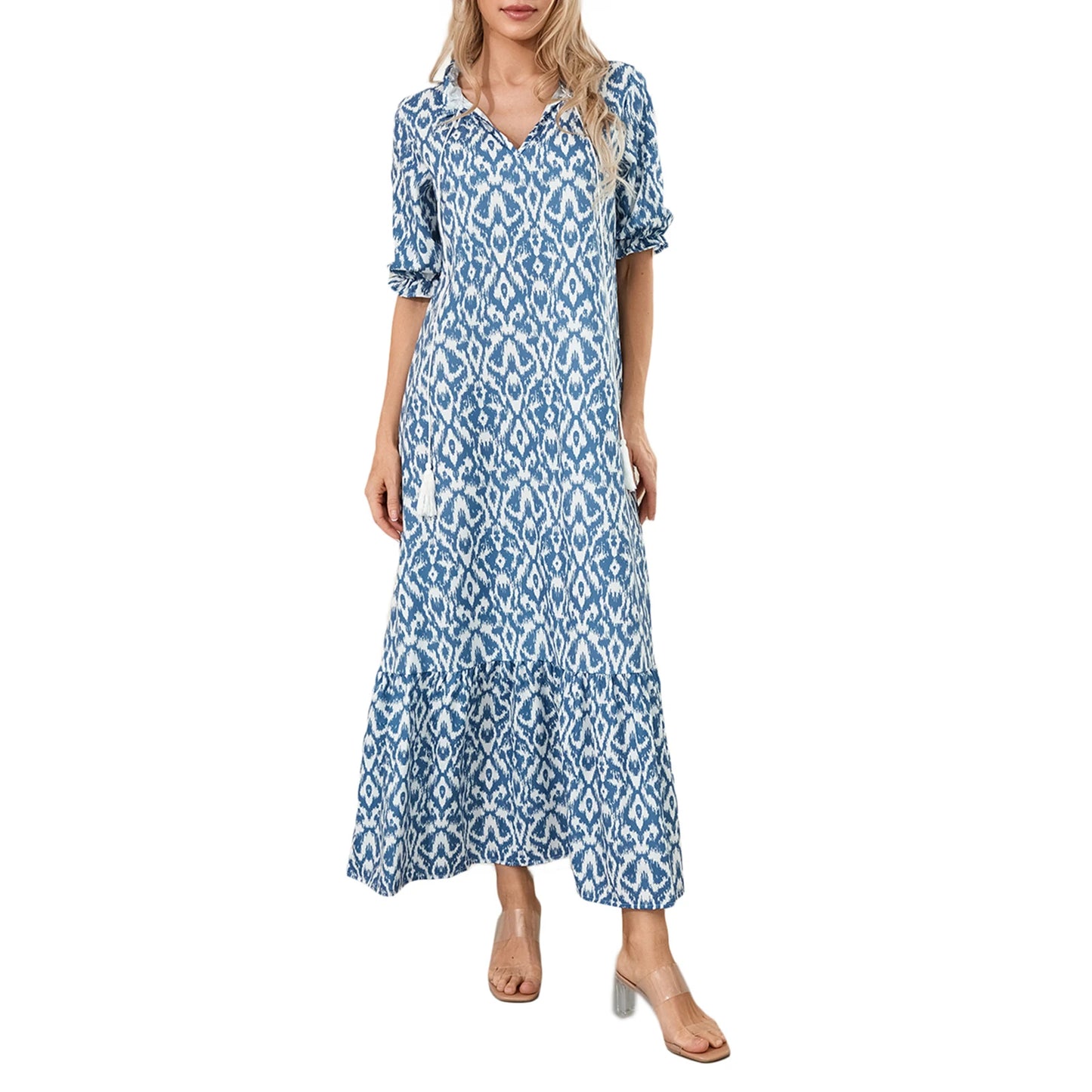 Women Long Dress Elegant Short Sleeve V Neck Flower Graphic Print