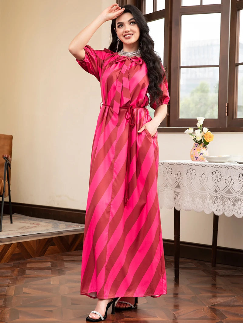 Elegant style Ruffle collar Stripe Color contrast Pocket Bandage Puff sleeve