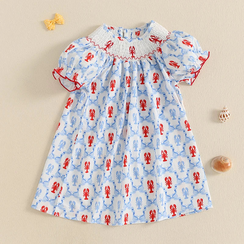 Cute Baby Girls Dress with Crab Print Round Neck and Short Sleeves Adorable Casual Dress
