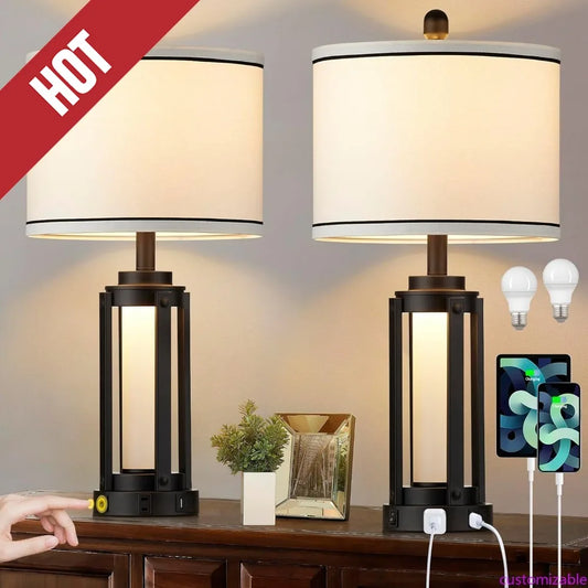 Modern Industrial Table Lamps With USB Ports Set Of 2