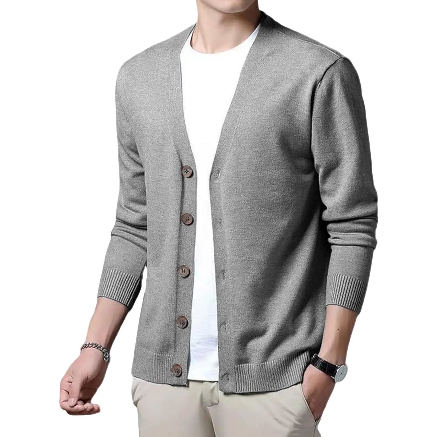 Men's V Neck Cardigan Sweater Coat Single Breasted Ribbed