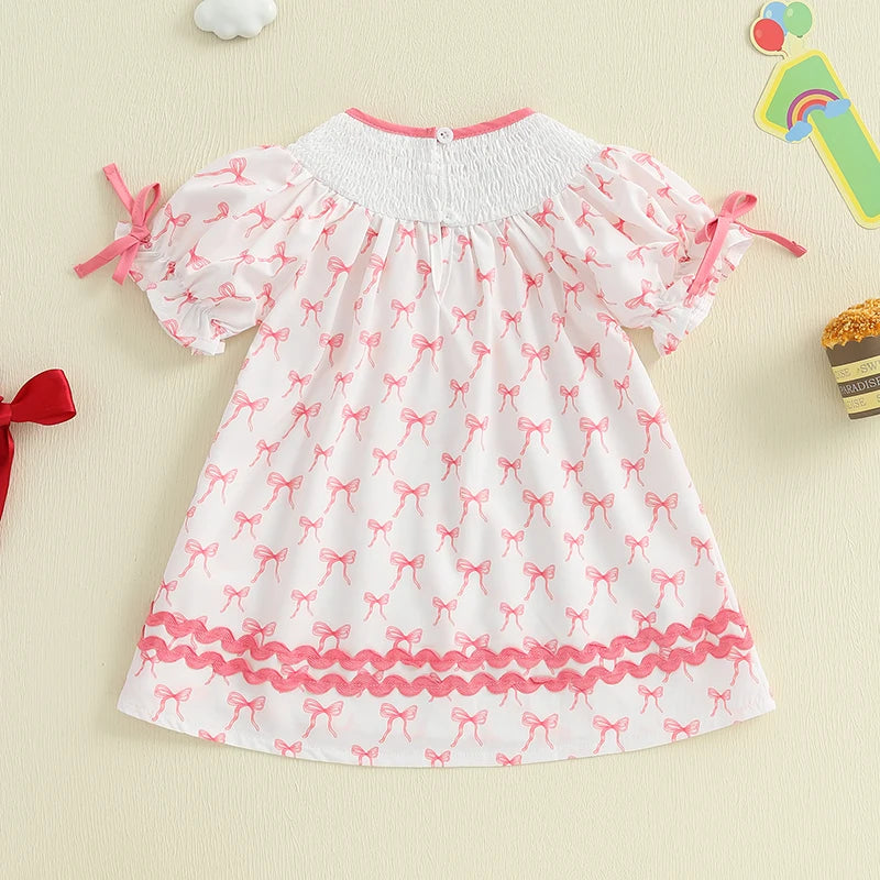 Toddler Girl Birthday Dress with Puff Sleeves and Embroidered Letters Smocked