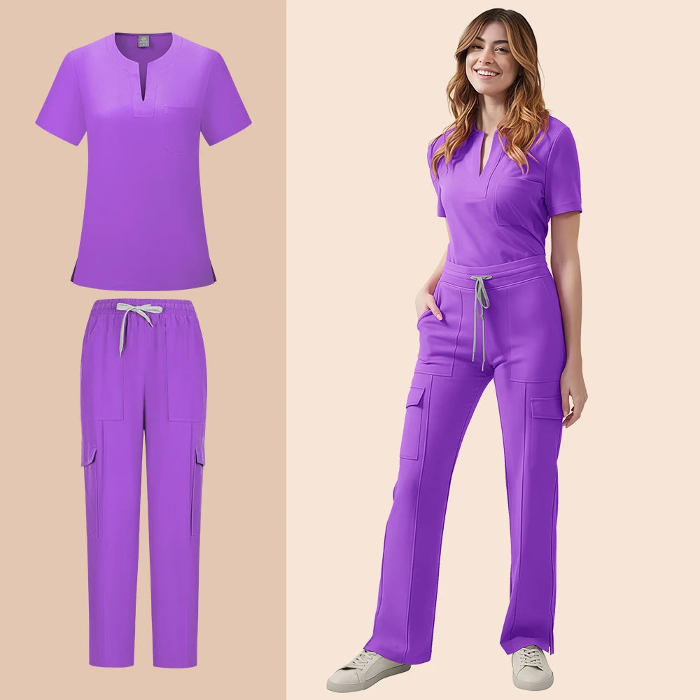 Medical Scrubs Uniform Women Nurse Scrub Set Pocket Top+Pants 2 Piece Suit