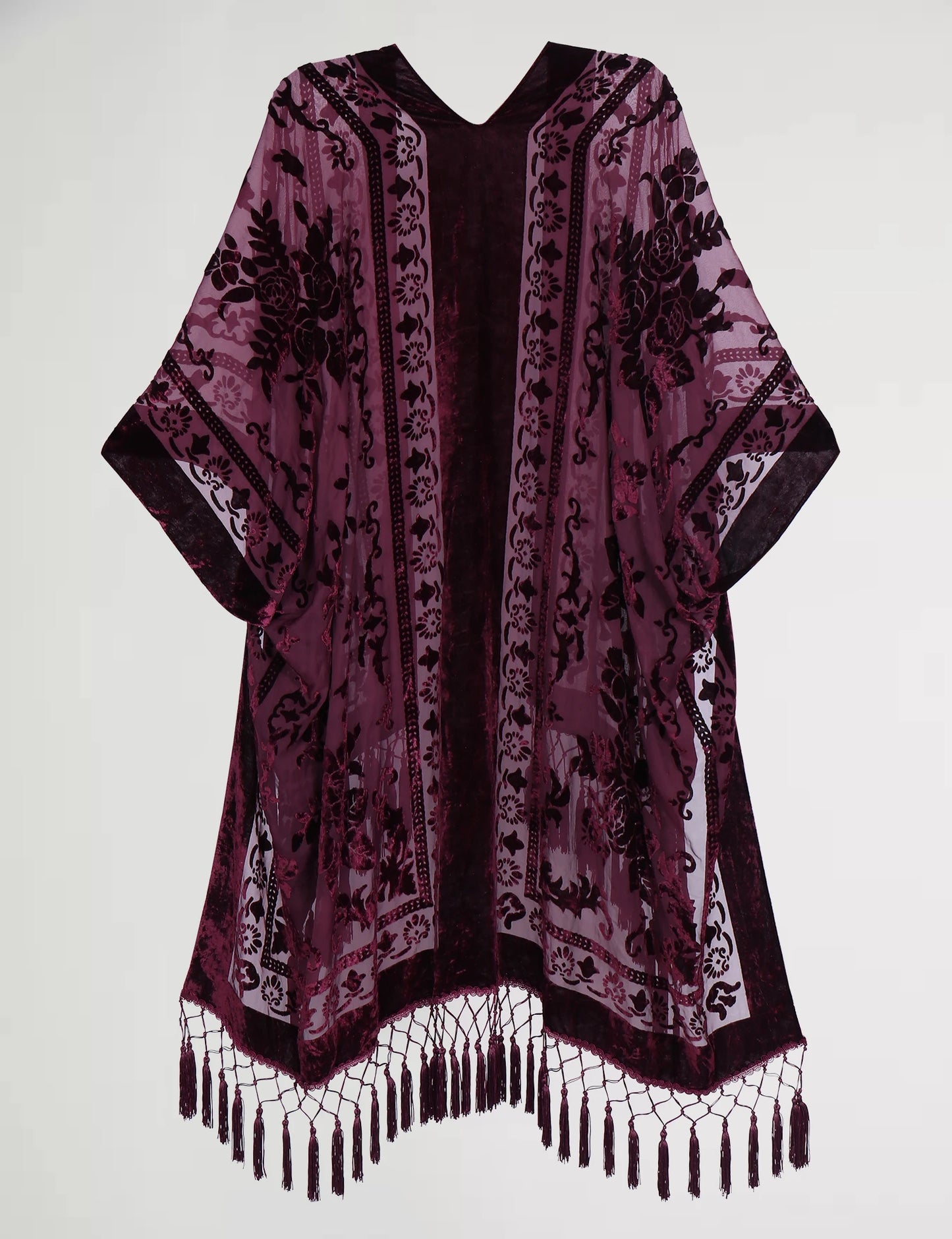 WeHello Women's Burnout Velvet Kimono Long Cardigan Cover Up with Tassel