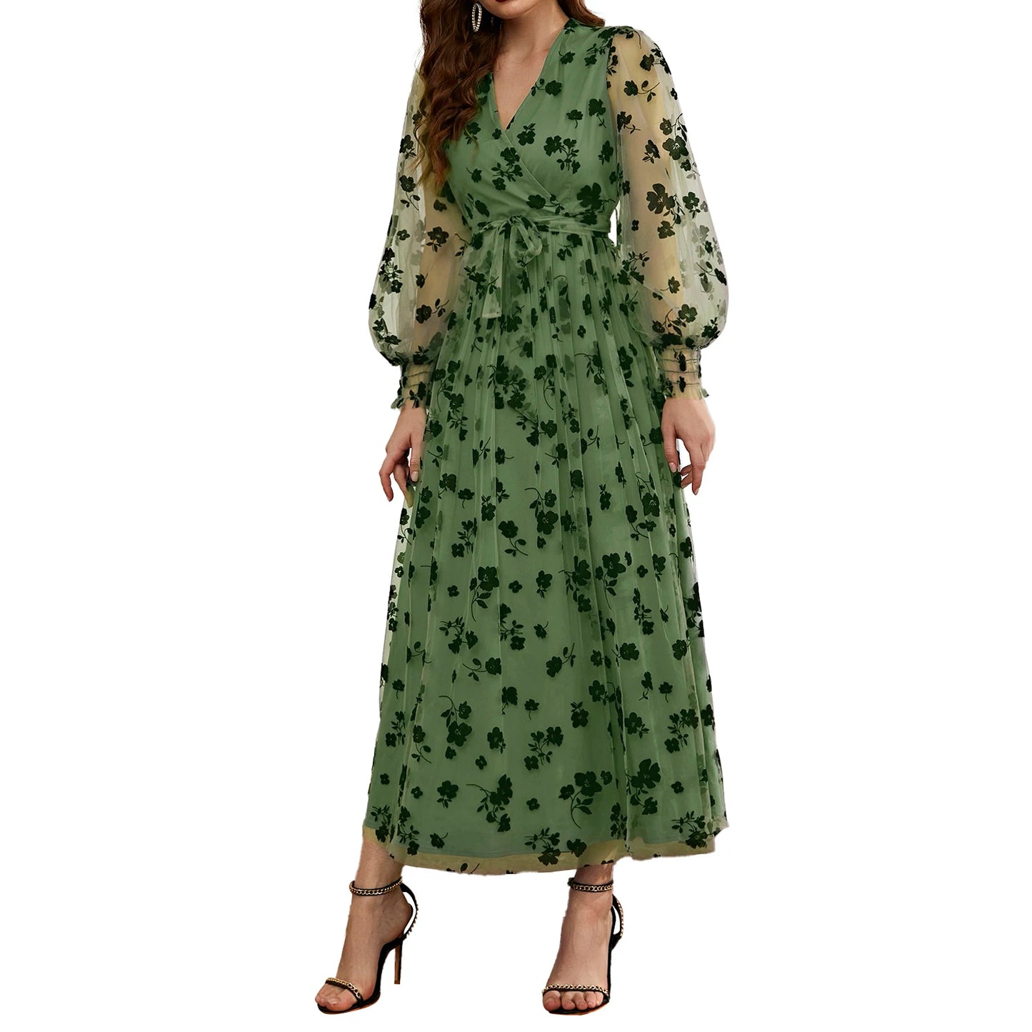 Floral Embroidered Belted Maxi Dress With Long Sleeves For Events