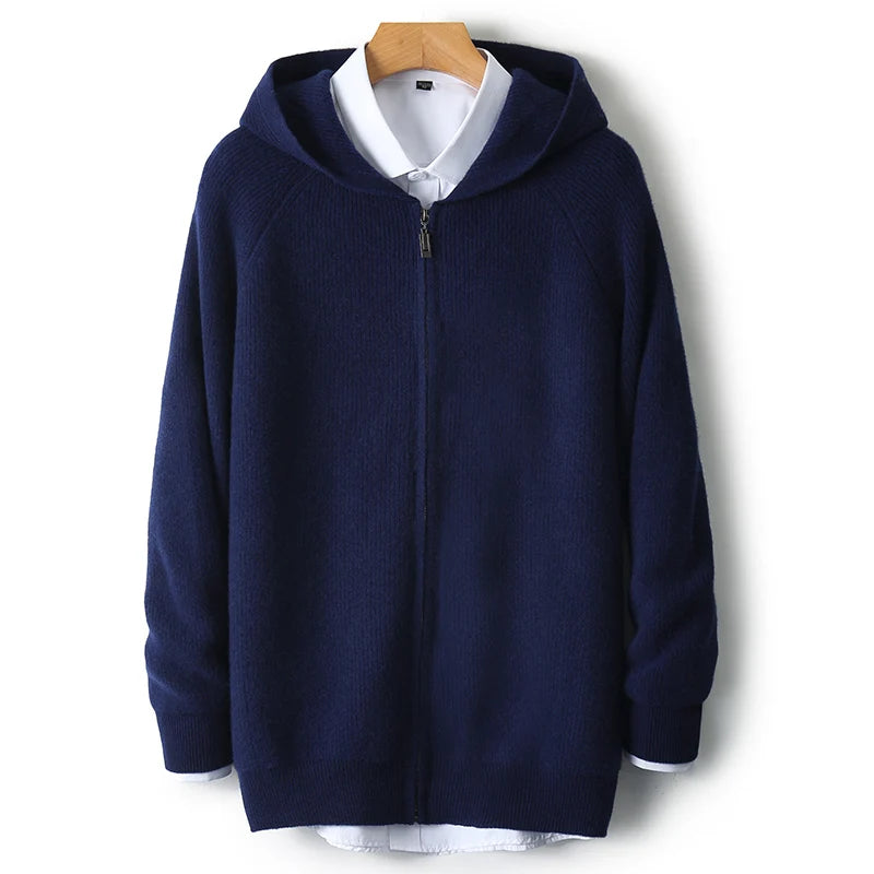 Merino Wool Hooded Zipper Cardigan For Men In Autumn Winter