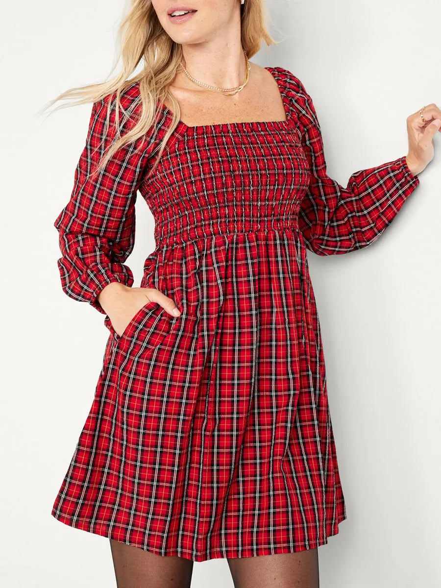 Women s Plaid Print A-line Dress Retro Long Sleeve U-Neck Mini Dress