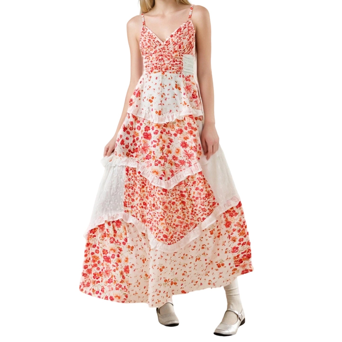 Women s Boho Floral Print Sleeveless V Neck Maxi Dress with Open Back and Flowy