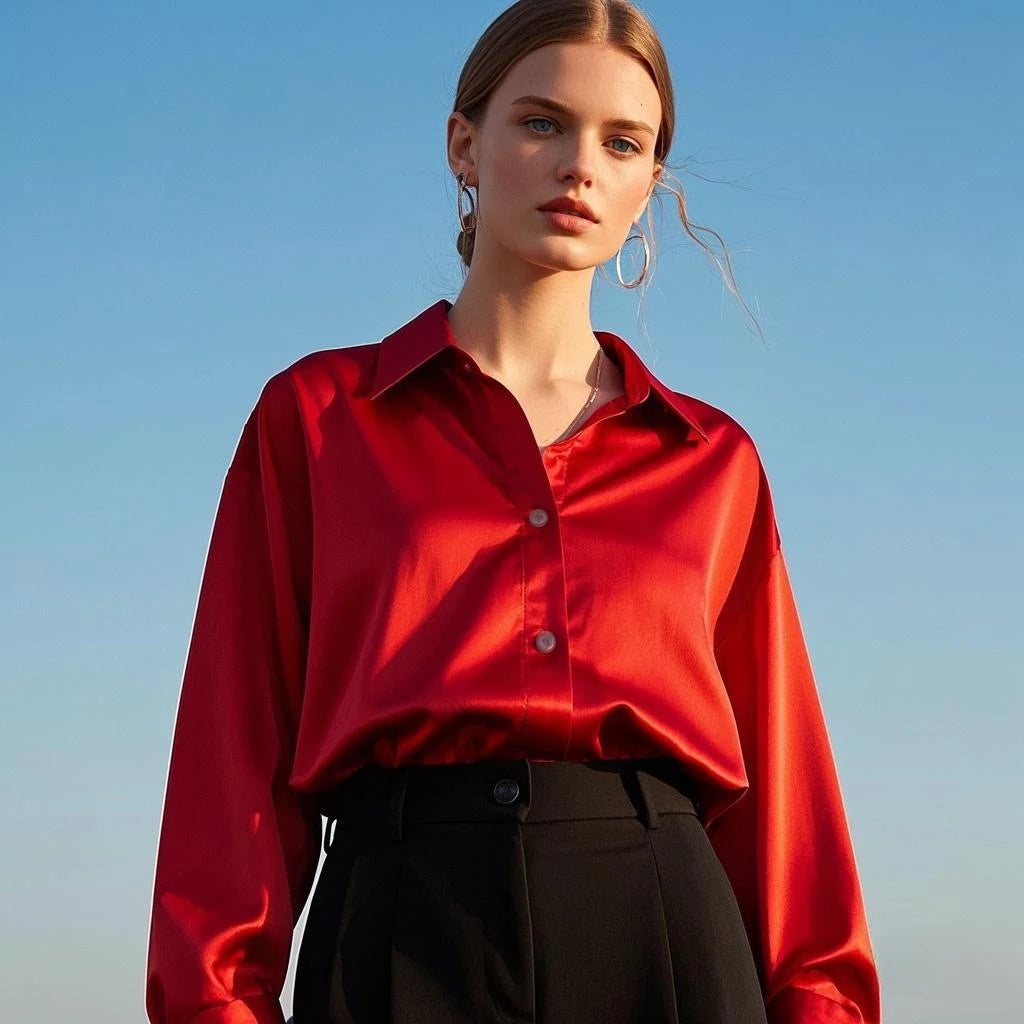 Korean Office Lady Satin Blouse Shirt For Women Casual Chic