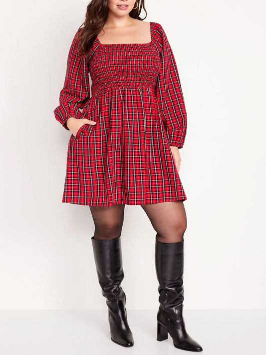 Women s Plaid Print A-line Dress Retro Long Sleeve U-Neck Mini Dress