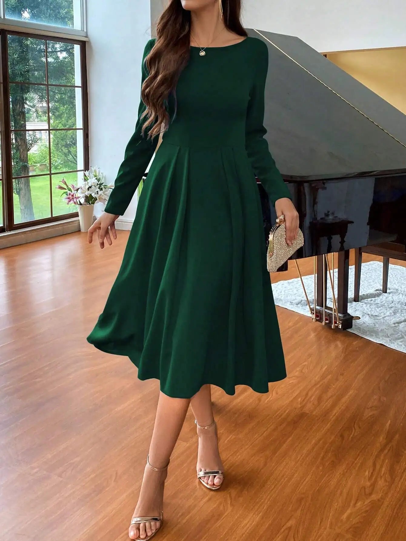 Elegant Women Long Sleeve A Line Dress Polyester Modern