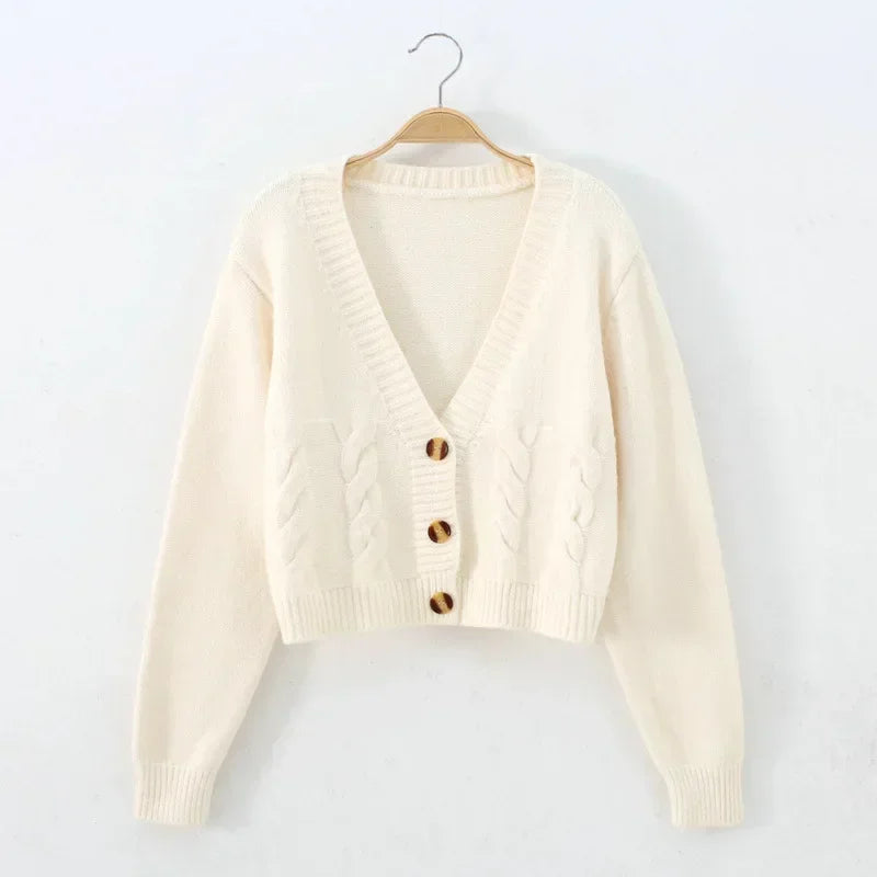 Women Long-Sleeve Cardigan Knitted Sweater Open Stitch V-Neck
