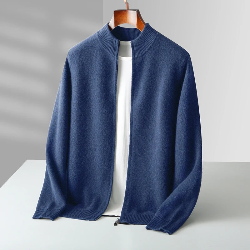 100 Percent Merino Wool Men's Warm Zippered Cardigan With Mock Collar