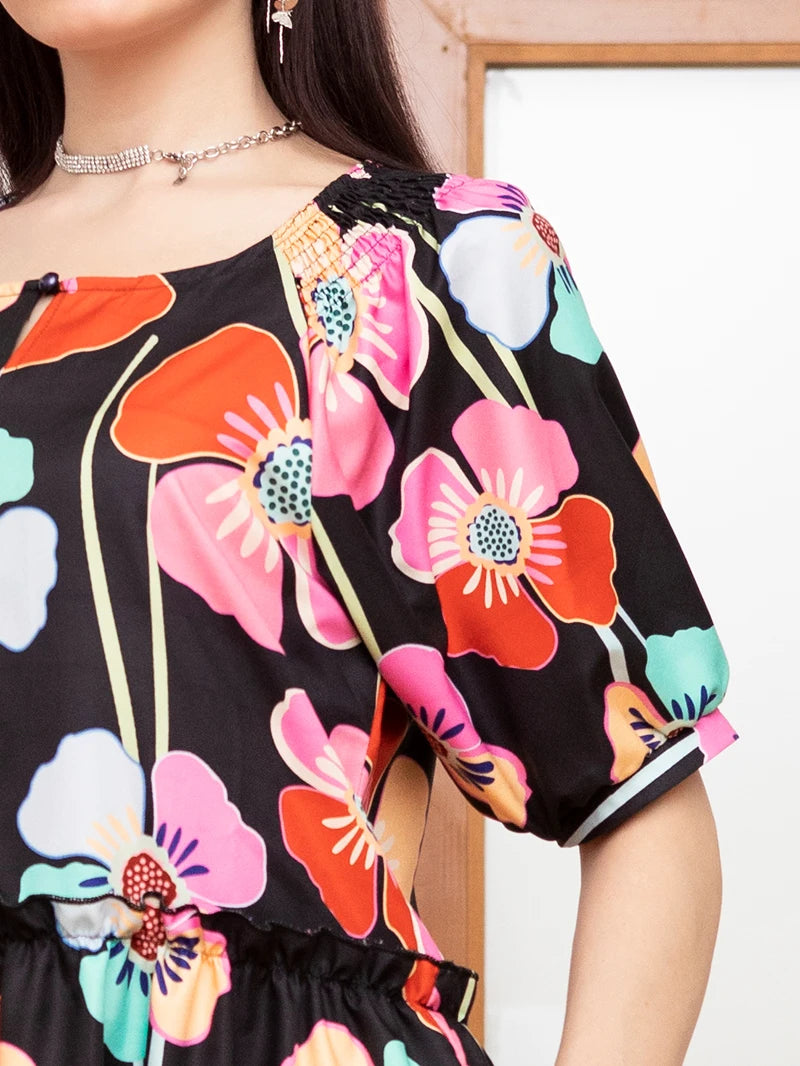 Sweet Round neck Flowers Plant Pocket Buttons Lantern sleeve Long Dress