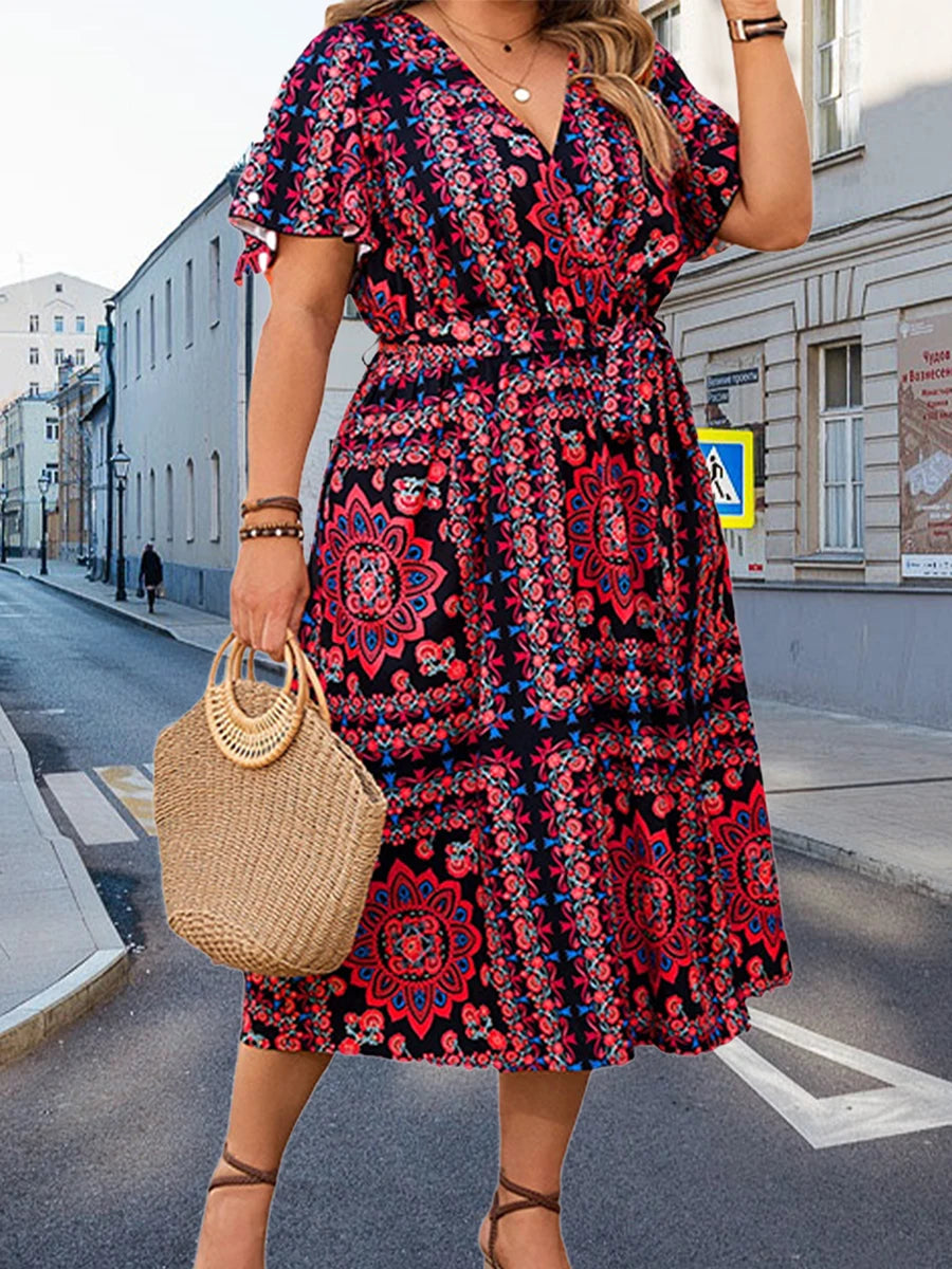 Women s Floral Print V Neck Short Sleeve Midi Dress with Slit