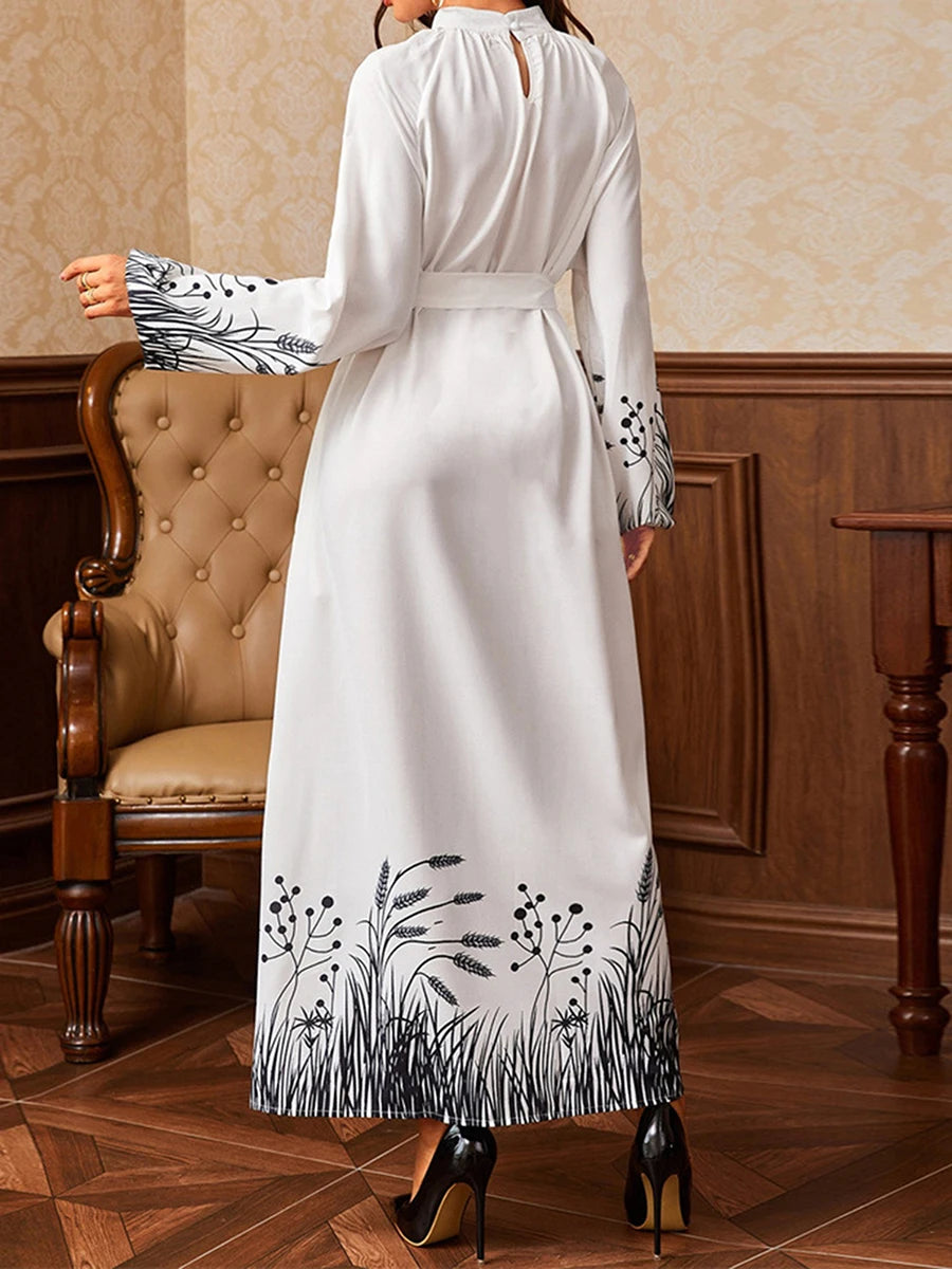 Elegant Floral Print Maxi Dress with Waist Tie Traditional Middle Eastern Design