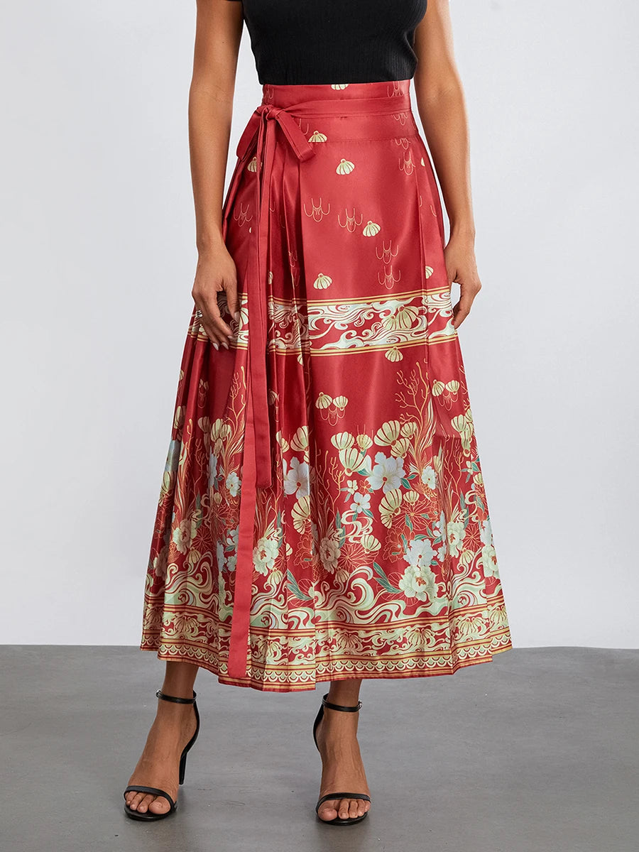 Women s Horse Face Skirt Elegant Phoenix Character Flower Print Pleated