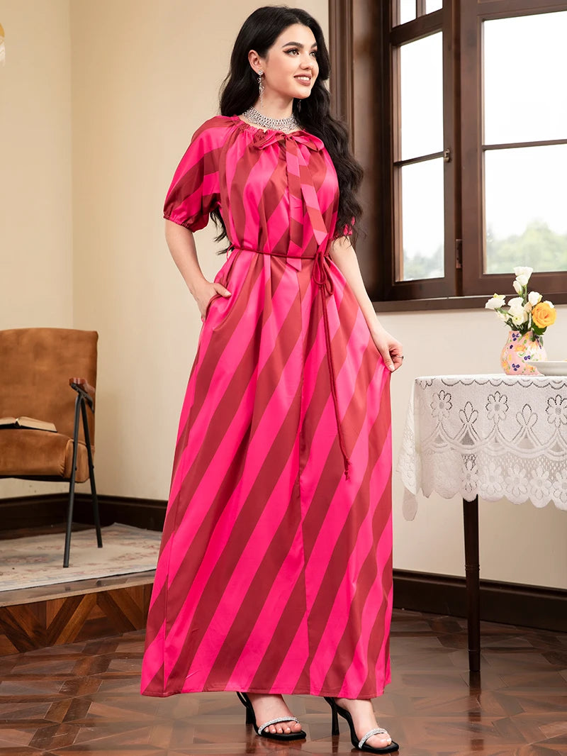 Elegant style Ruffle collar Stripe Color contrast Pocket Bandage Puff sleeve