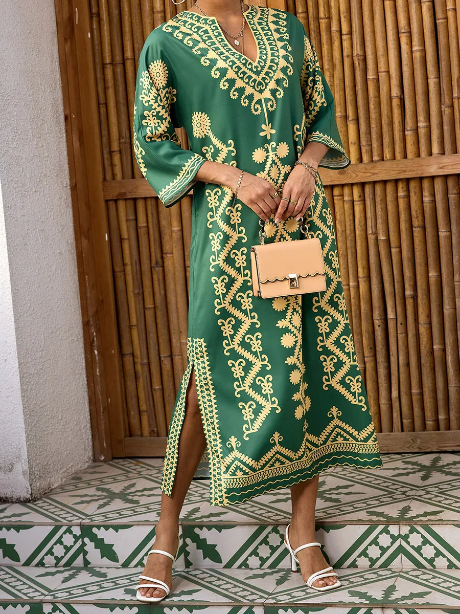 Elegant 3 4 Sleeve V-Neck Maxi Dress with Retro Print Perfect for Ramadan