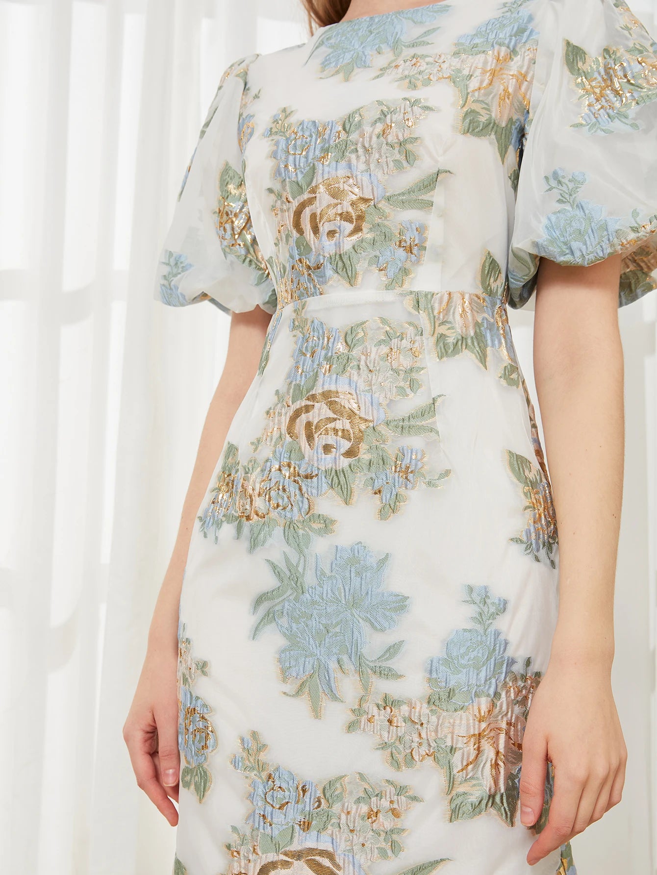 New French Retro Bubble Sleeve Round Neck Mermaid Midi Dress Light Luxury Elegant