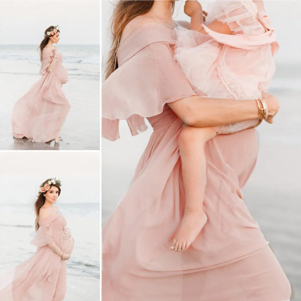 Maternity Dress Women Solid Color Short Sleeve Ruffles Maternities Party  Outfits