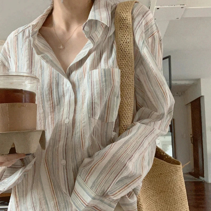 MEXZT Vintage Striped Shirts Women Korean Fashion Simple Long Sleeve