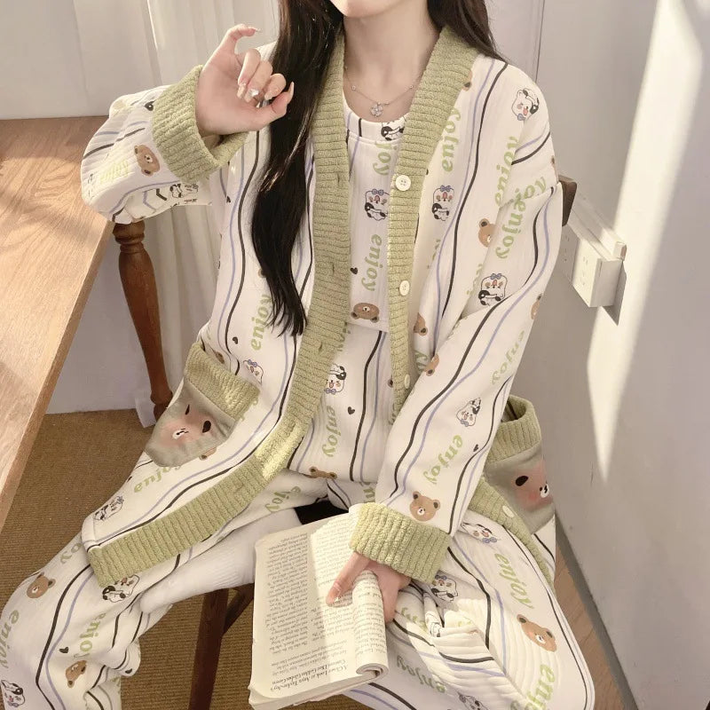 Autumn Winter Fashion Maternity Pajamas Cotton Jacket Pants And Breast Feeding Three Pieces