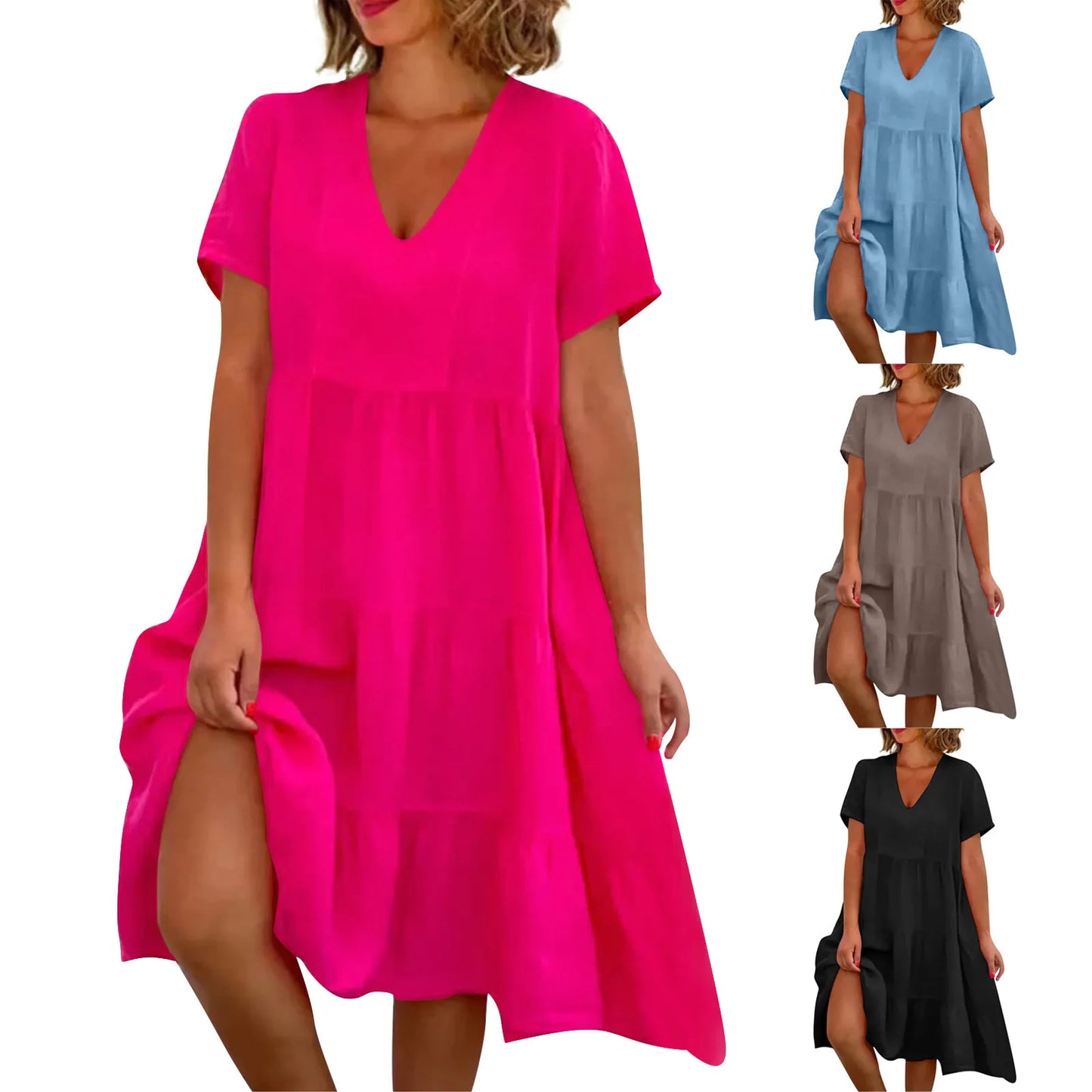 Summer European and American Plus Size Women's Skirts Loose Casual Short Sleeve Belted Elegant Large Size Dress