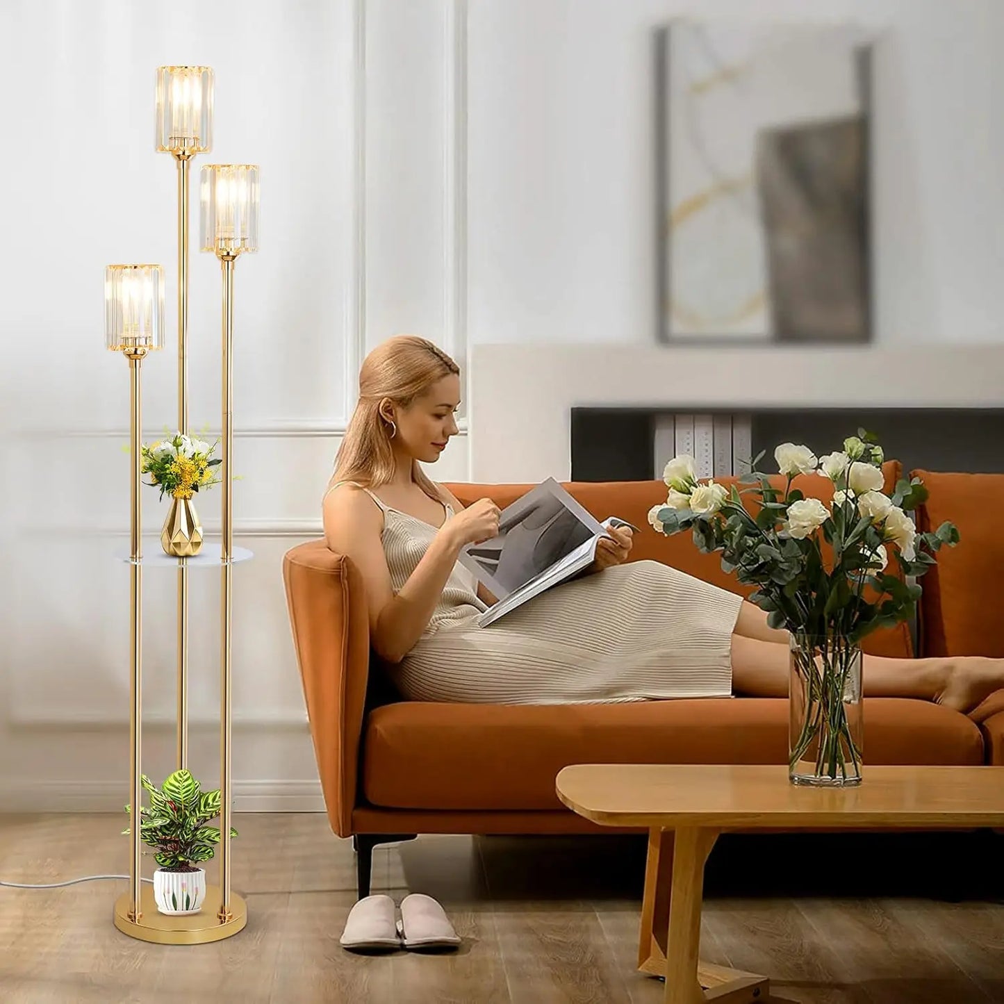 Crystal Floor Lamp With Shelves Rechargeable Battery Powered