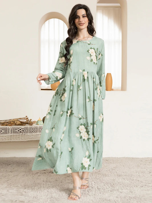 Casual Round Neck Floral Print Wrinkle Spliced Long Dress Mint Green,