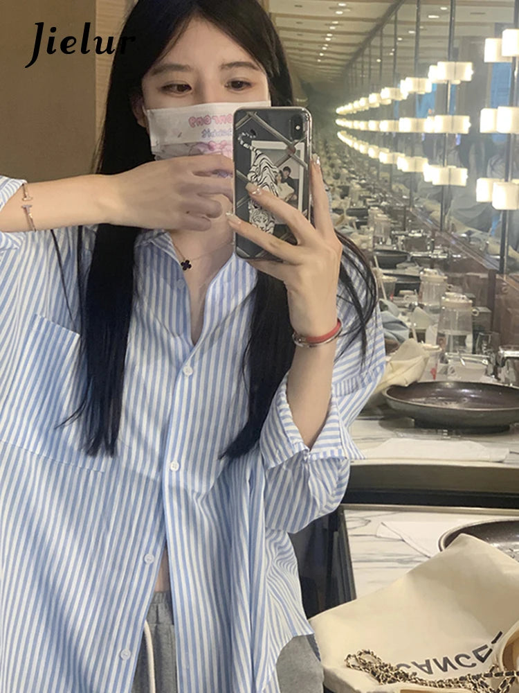 Jielur Spring Pink Striped Women's Shirts Summer Loose Blue Pockets