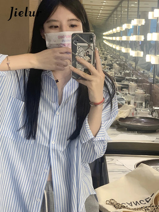 Jielur Spring Pink Striped Women's Shirts Summer Loose Blue Pockets