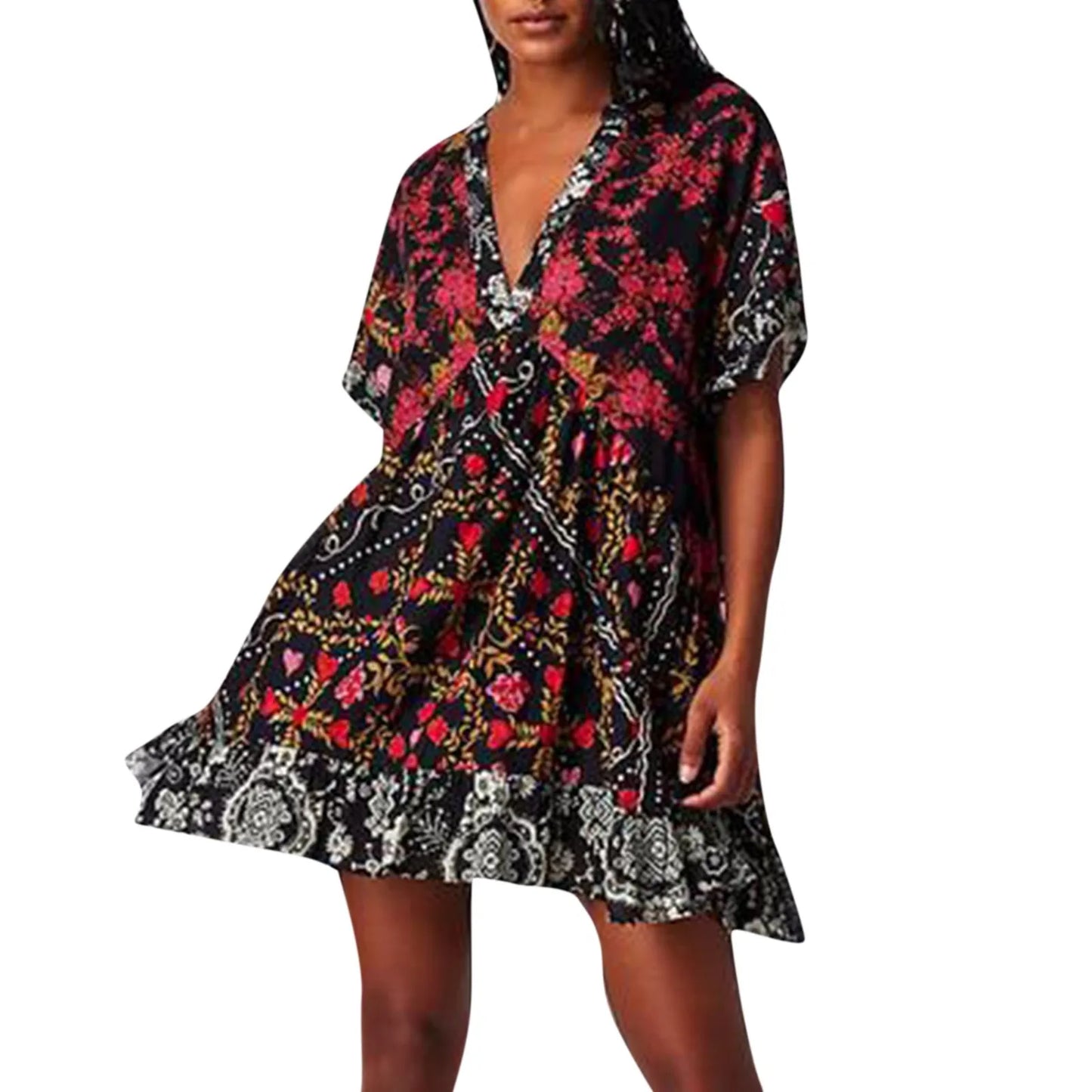 Women Boho Beach Mini Dress 2024 Summer V Neck Short Sleeve