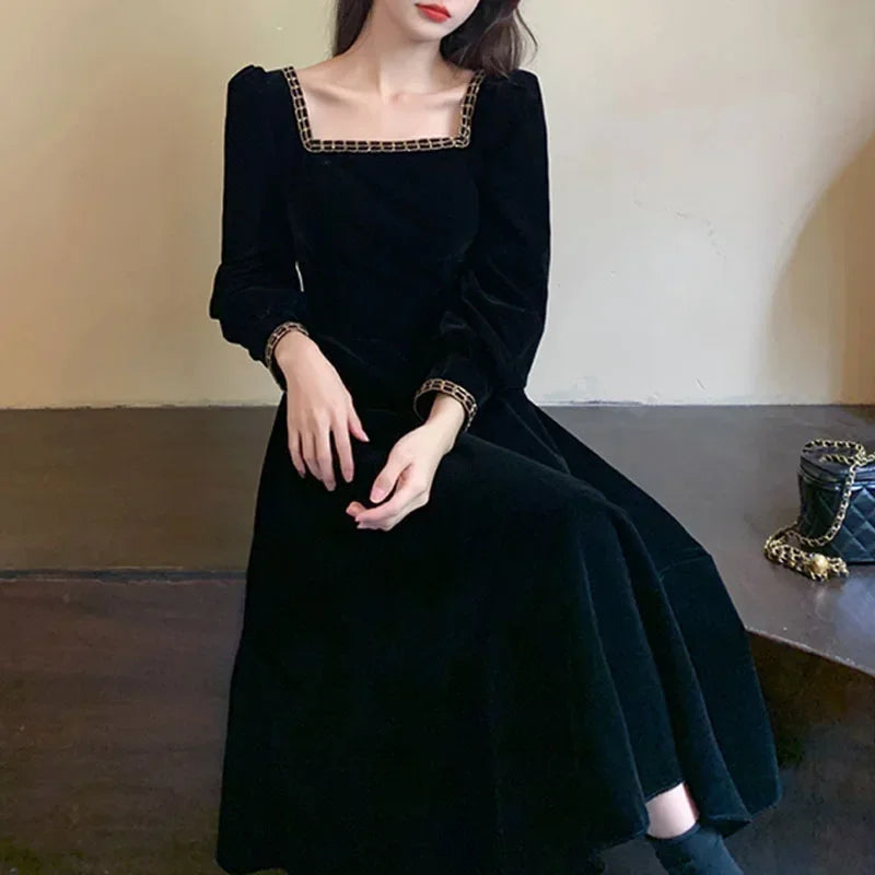 Velvet French Style Square Collar Dress For Women Autumn Winter