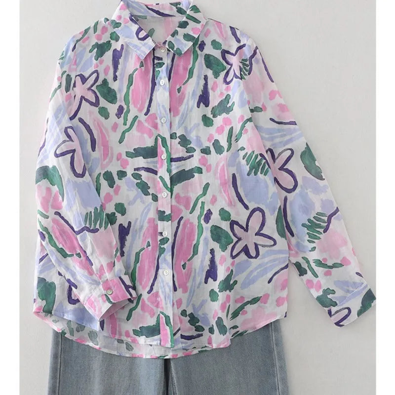 Women Cotton Linen Floral French Artistic Print Shirt Top For Autumn