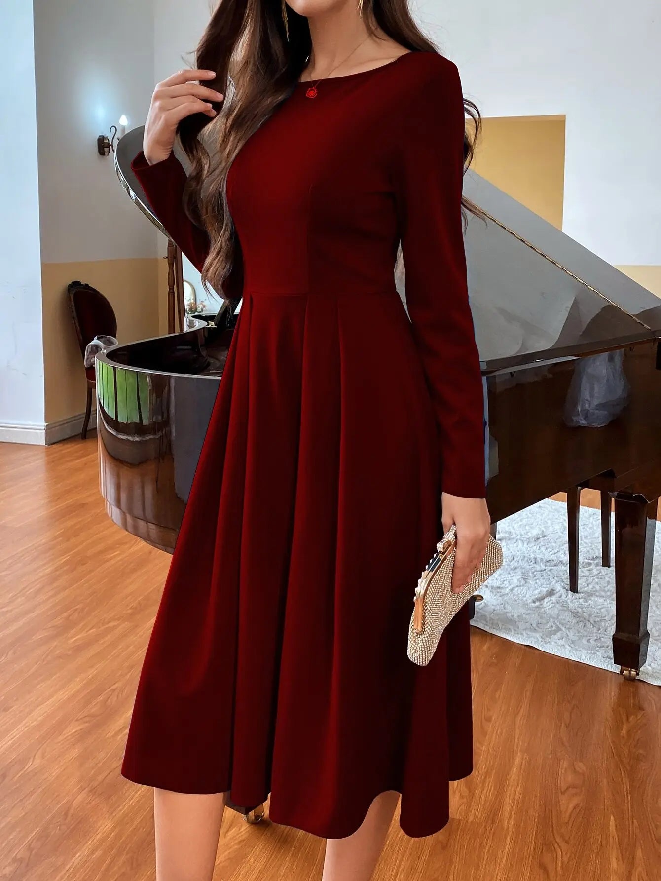 A Line Long Sleeve O Neck Polyester Dress With Print