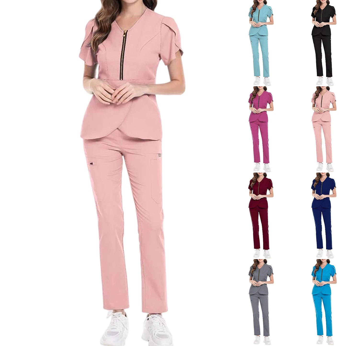 Women's Nurse Scrub Set V-Neck Short Sleeve Zipper Ruffle Sleeve Multi-Color Long Pants