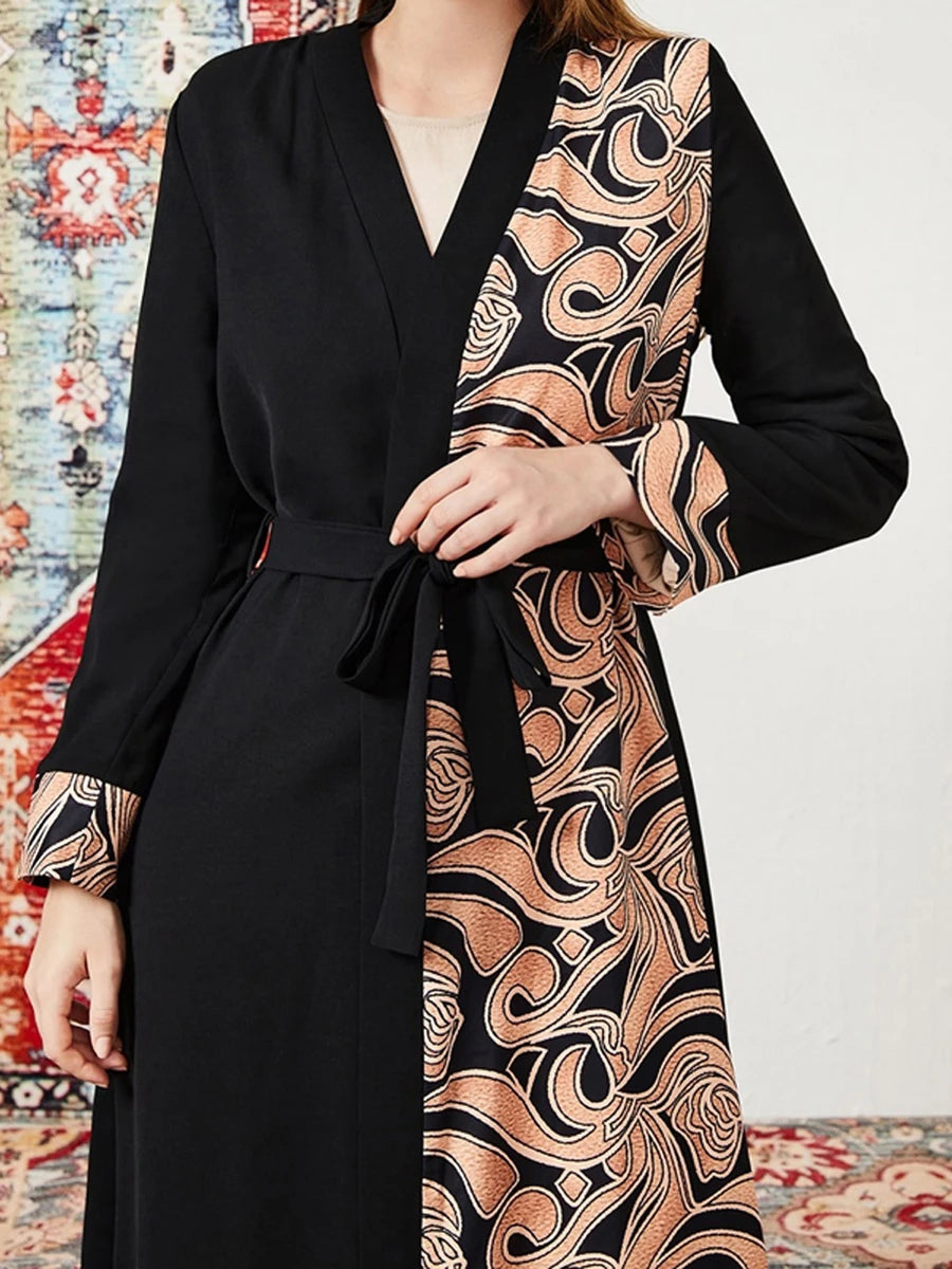 Elegant Floral Print Maxi Dress with Bell Sleeves and Waist Tie for Women